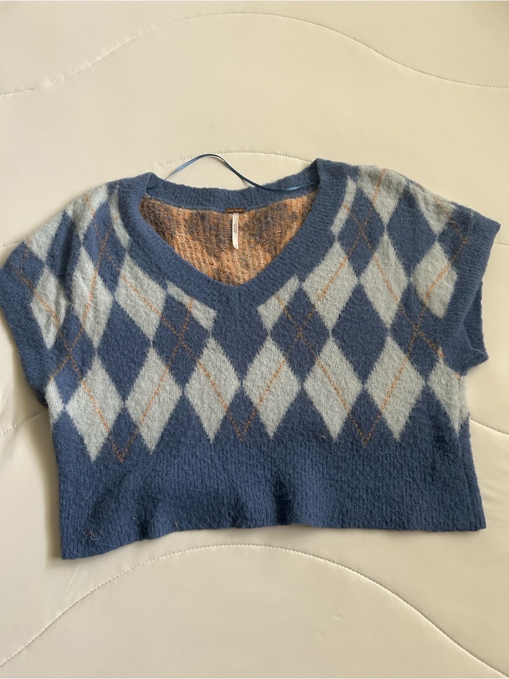 Free People Blue Argyle V-Neck Sweater Vest with Brown Accents